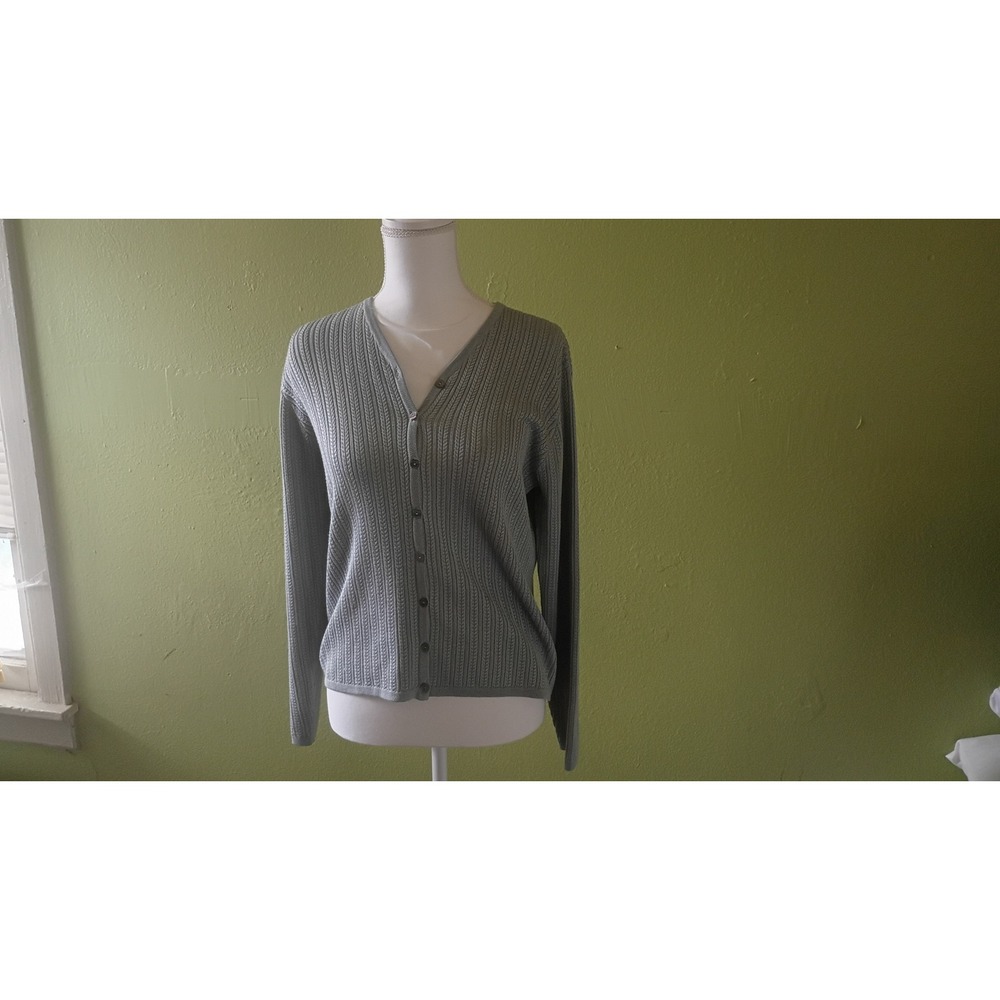 Preppy Coastal Sage Green Silk Blend Cardigan Sweater Womens M Medium